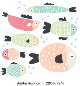 Cute handdrawn fish set isolated on white. Stylish scandinavian style minimalistic baby illustrations. Stylish colroful fish set. Perfect for textile, posters, fabrics, coloring books, stationary.