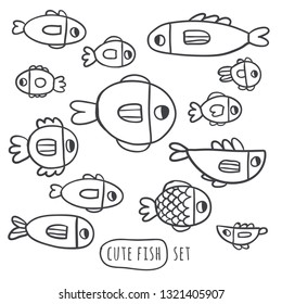 Cute handdrawn fish set isolated on white. Stylish scandinavian style minimalistic baby illustrations. Black and white fish set. Perfect for textile, posters, fabrics, coloring books, stationary.