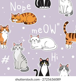 Patrón de fondo sin fisuras lindo de gatos planos dibujados a mano