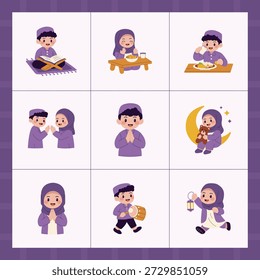 Una linda colección de ilustración plana dibujada a mano con niños musulmanes participando en actividades de Ramadán como rezar, leer el Corán, ayunar, comer juntos, tocar tambores y celebrar