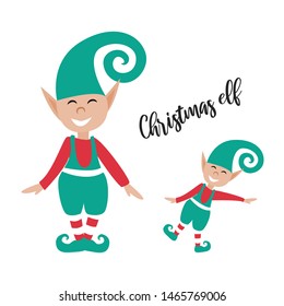 Cute hand-drawn flat Xmas elf illustration on white background. Isolated happy Christmas fairytale character in traditional red and green clothes and hat.