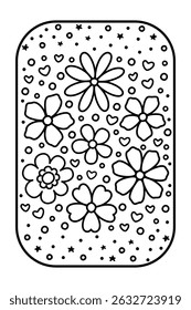 Cute hand-drawn floral doodle pattern with stars and hearts in black and white