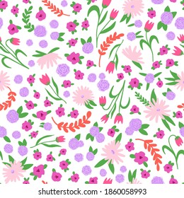 Cute hand-drawn floral seamless pattern. Pink shades vector isolated illustration for wrapping paper, covering, textile, fabric print and other design.