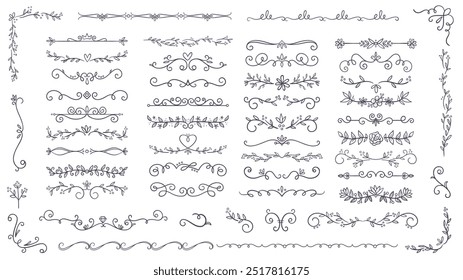 Cute hand-drawn floral text dividers, corners and borders. 52 doodle text dividers, isolated on white background. Vector illustration.