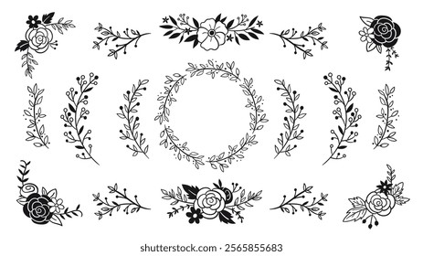 Cute hand-drawn floral wreath and isolated twigs and bouquets, perfect for decorating gift cards, prints and crafting projects. A total of 16 isolated items. Vector illustration.