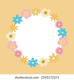 Cute hand-drawn floral wreath with soft colors, feminine decorative frame for stationery, vector illustration