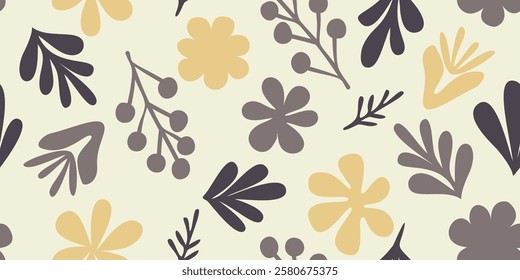 Cute hand-drawn flowers, seamless patterns with floral for fabric, textiles, clothing, wrapping paper, covers, banners, home decor, and abstract backgrounds, vector illustrations.