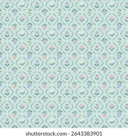 Cute Hand-Drawn Folk Art Floral Seamless Pattern, Vintage Flower Trellis Vector Background for Textile and Wallpaper