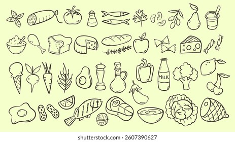 Cute hand-drawn food ingredients doodle icon set, perfect for decorating surfaces, cooking recipes, prints and crafting projects. A total of 42 designs. Vector illustration.