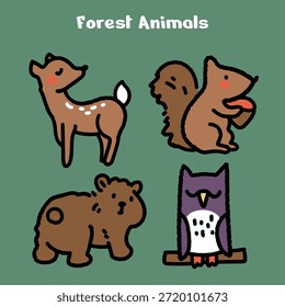 Cute hand-drawn forest animals illustration set featuring a deer, squirrel, bear, and owl. Rounded shapes, thick outlines, and flat colors make this artwork perfect for stickers, kids illustrations, wildlife themes, and friendly animal character designs.