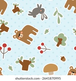 Cute hand-drawn forest animals: teddy bear, bunny with mushrooms and tree leaves, acorns on a polka dot pastel blue texture. Kids seamless pattern background.