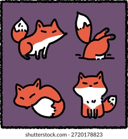Lindo conjunto de pegatinas de zorro dibujado a mano con cuatro zorros en poses tranquilas y juguetonas como sentarse, dormir acurrucado, acostado y mostrar una cola esponjosa, sobre un fondo púrpura. Perfecto para diseños de animales lindos.