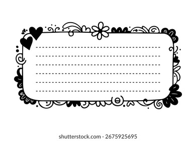 Lindo marco dibujado a mano con Elementos florales, corazones y líneas punteadas para notas