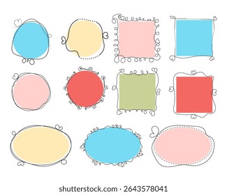 Cute HandDrawn Frames Pastel Colors, Hearts, Circles, Squares, Blank Templates, Decorative Borders