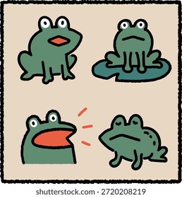 Cute hand-drawn frog illustration set featuring four friendly green frogs in different poses and expressions. Ideal for kids design, education materials, social media graphics, and playful animal themes.