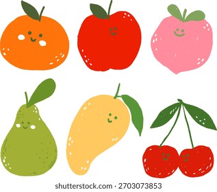 Cute Hand-Drawn Fruit Character Collection with Orange, Apple, Peach, Pear, Mango, and Cherry