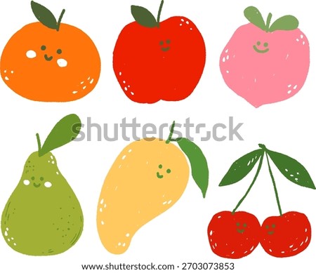 Cute Hand-Drawn Fruit Character Collection with Orange, Apple, Peach, Pear, Mango, and Cherry