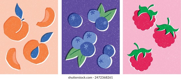 Cute, Hand-drawn fruit with a vintage print effect. Apricots, blueberry, raspberry.