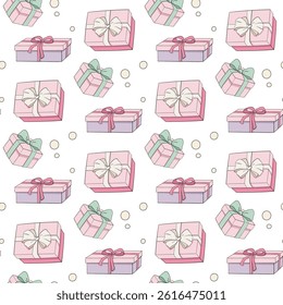 Cute hand-drawn gift boxes Cute Birthday Party Hand Drawn Coquette Style. Seamless pattern for a gift on fabric or paper for friends and family.