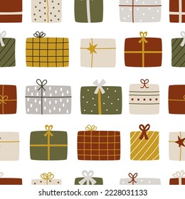 Klare, handgezeichnete Geschenkbox in hellen Farben für die Winterferien. Nahtlose Muster für ein Geschenk auf Stoff oder Papier für Freunde und Familie zu Weihnachten und Neujahr