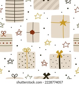 Cute hand-drawn gift boxes in hygge colors for the birthday party. Seamless pattern for a gift on fabric or paper for friends and family for Christmas and New Year