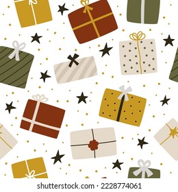 Cute hand-drawn gift boxes in hygge colors for the winter holidays. Seamless pattern for a gift on fabric or paper for friends and family for Christmas and New Year