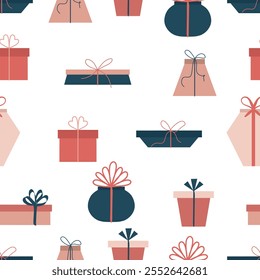 Cute hand-drawn gift boxes for the winter holidays. Seamless pattern for a gift on fabric or paper for friends and family for Christmas and New Year