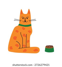 Um gato de gengibre bonito, desenhado à mão sentado ao lado de uma tigela de comida de gato. Ilustração isolada de vetor.