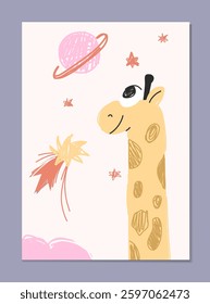 Cute hand-drawn giraffe looking at planets, stars, and a shooting star in space. Playful pastel colors on a soft background. Fun and whimsical cartoon concept. Flat cartoon vector illustration