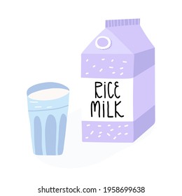 Cute hand-drawn glass with vegan lactose free rice milk and carton box packaging with lettering. Vector cartoon style isolated illustration.