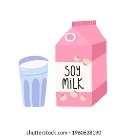 Cute hand-drawn glass with vegan lactose free soy milk and carton box packaging with lettering. Vector cartoon style isolated illustration.
