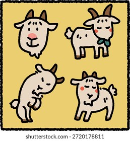 Lindo conjunto de pegatinas de cabra dibujado a mano con cuatro cabras en diferentes poses con expresiones juguetonas y amigables sobre un fondo amarillo. Adorable ilustración animal para niños y uso de diseño.