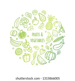 Cute hand-drawn gradient vector illustration with fruits, vegetables, and text. Healthy food theme in an original doodle style can be used for banners, sites, menu design, packaging or cooking book