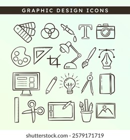 Cute hand-drawn graphic design doodle Icons, perfect for sticker designs, social media, blogs, prints and crafting projects. 21 icon designs. Vector illustration.