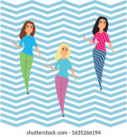 Cute hand-drawn graphics of girls on a background of waves.