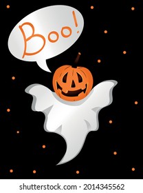 Cute Hand-drawn Halloween Greeting Card . A white ghost on a black background with a pumpkin on its head. Happy Halloween. trick or treat. with the inscription "Boo".