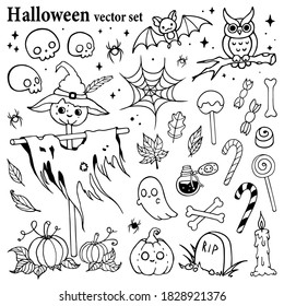 Cute hand-drawn Halloween set with scarecrow, pumpkins, skulls, candies, bat, owl and other elements. Perfect for cards, print and seasonal designs.