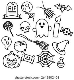 Cute hand-drawn Halloween vector set featuring adorable spooky elements like ghosts, pumpkins, bats, and witch hats.