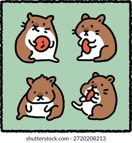 Cute hand-drawn hamster illustration set featuring four friendly round hamsters in different poses and expressions. Ideal for kids design, education materials, social media graphics, and playful animal themes.