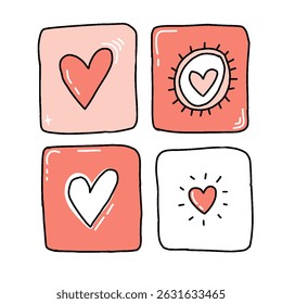 Cute Hand-Drawn Heart Icons Set. Vector Valentine's Day or Love. A charming collection of four hand-drawn heart icons, perfect for Valentine's Day, love-themed projects, or expressing affection.
