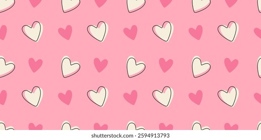 Cute hand-drawn heart pattern on pink background. Seamless vector illustration.