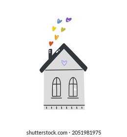 Cute Hand-drawn House With Hearts From A Pipe. Vector Illustration Of An Isolated House On A White Background. A Simple Flat Icon. Happy Pride Month.