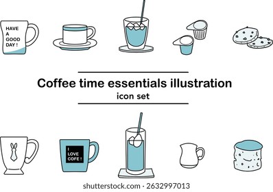 Cute hand-drawn icon set of coffee time essentials including mugs, iced coffee, cookies, milk, and sugar. Simple vector illustration with white background perfect for cafe-themed designs.