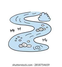 A cute hand-drawn illustration of a blue winding river with pebbles, stones, and tufts of grass on the banks, set against a plain background.