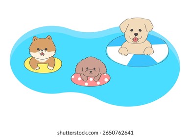 Cute hand-drawn illustration of dogs playing in a gourd-shaped pool