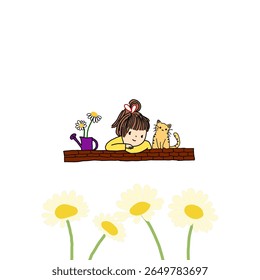 Cute hand-drawn illustration of a girl and her cat resting on a brick wall, with daisies and watering can.