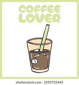 Cute hand-drawn illustration of an iced coffee in a glass with ice cubes and a green straw, Vetor