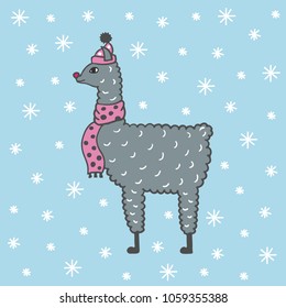 Cute hand-drawn illustration of a lama in a cap and a scarf. Blue background with snowflakes.