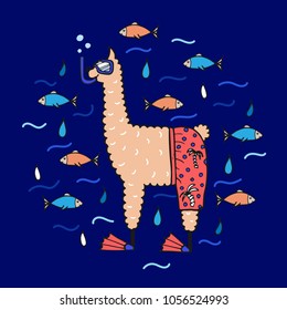 Cute hand-drawn illustration of a lama in  shorts and swimming mask. 