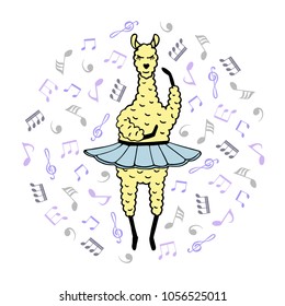 Cute hand-drawn illustration of a lama-ballerina in a tutu.